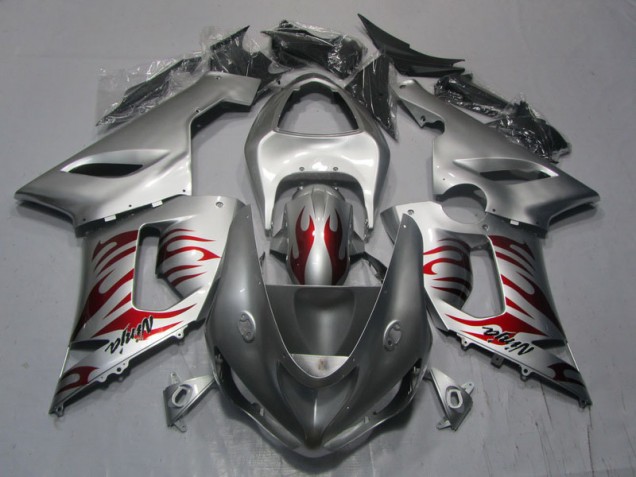 Buy 2005-2006 Silver Red Flame Ninja Kawasaki ZX6R Motorcycle Replacement Fairings Canada Buy 2005-2006 Silver Red Flame Ninja Kawasaki ZX6R Motorcycle Replacement Fairings Canada
